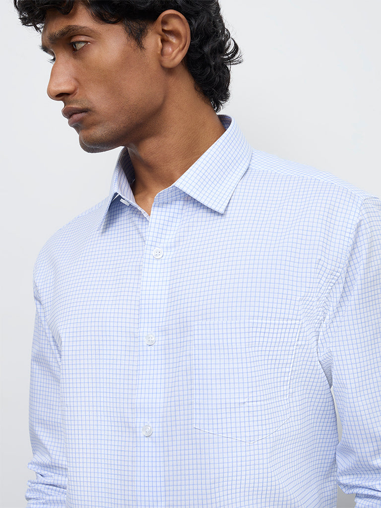 WES Formals Blue Checks Printed Relaxed-Fit Cotton T-Shirt