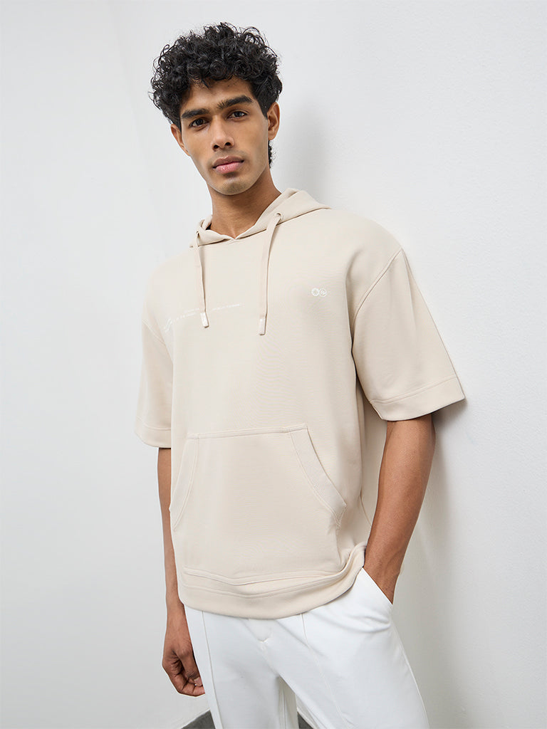 Nuoflexx Beige Typographic Relaxed-Fit Hooded Sweatshirt