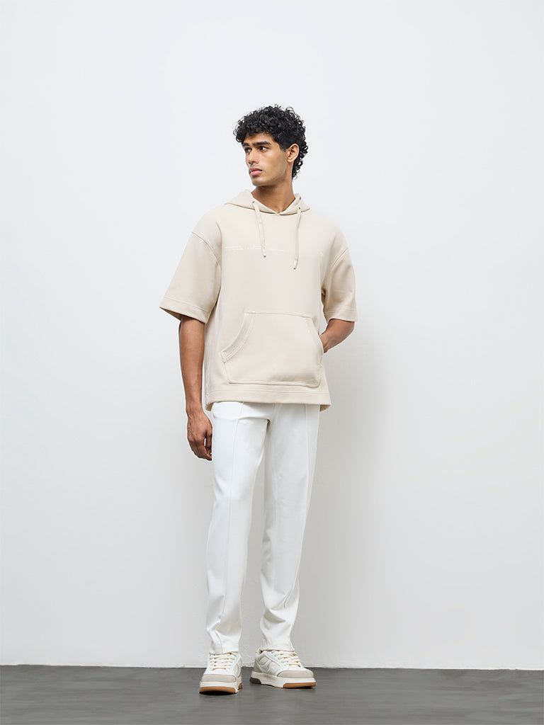 Nuoflexx Beige Typographic Relaxed-Fit Hooded Sweatshirt