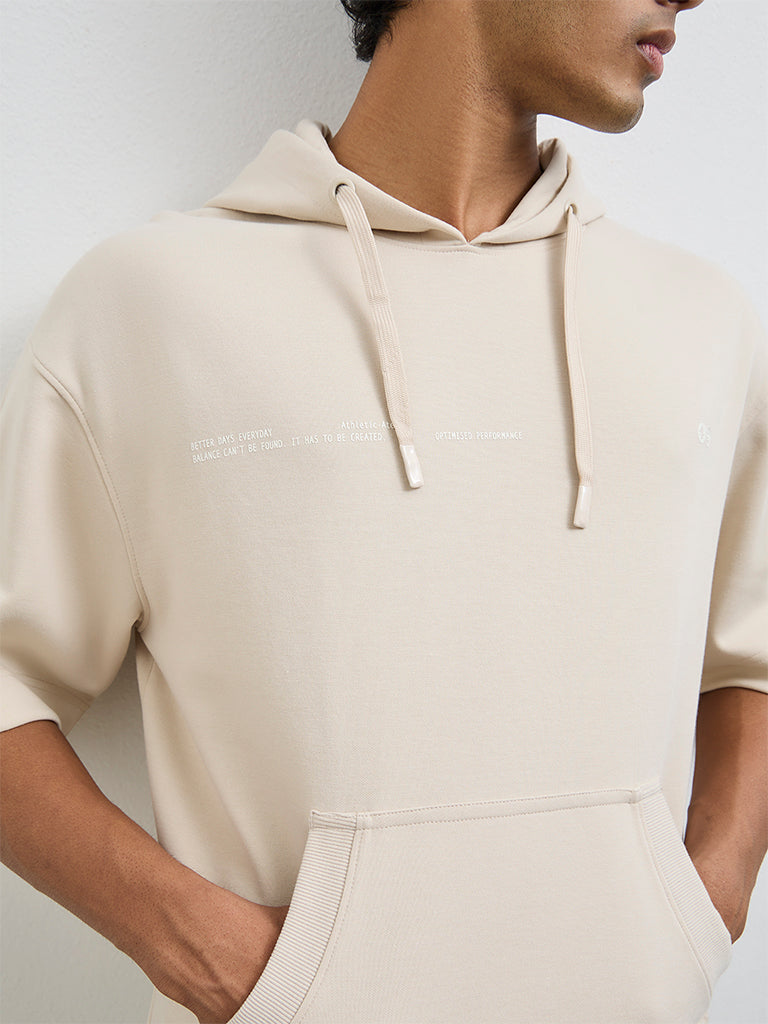 Nuoflexx Beige Typographic Relaxed-Fit Hooded Sweatshirt