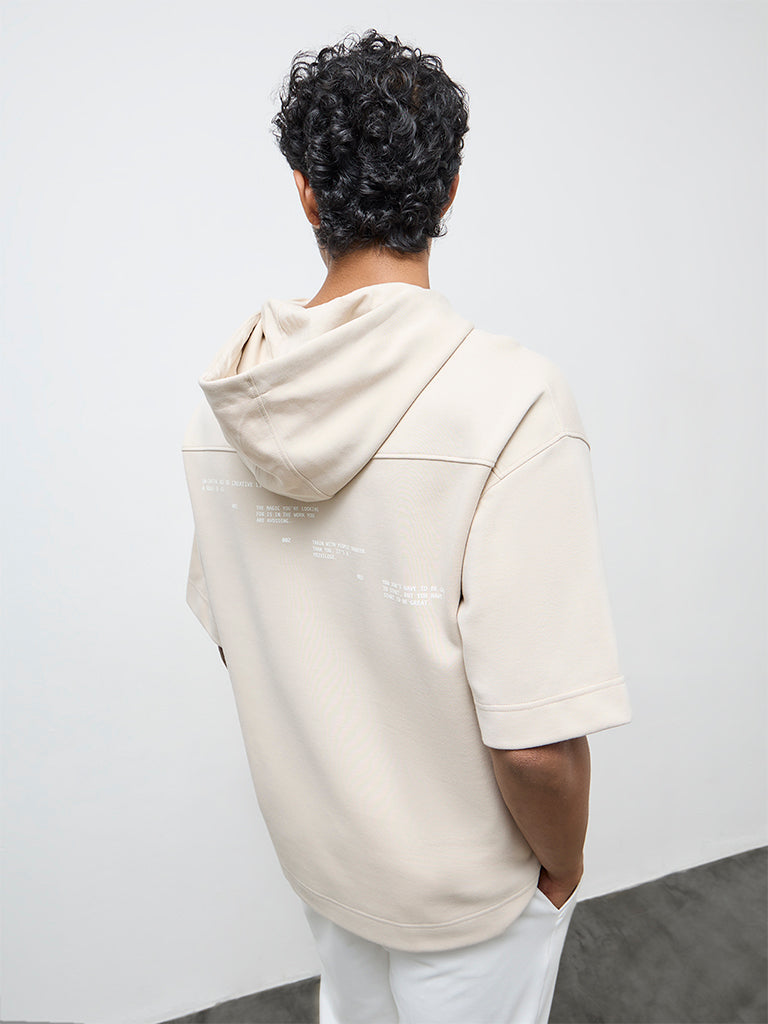 Nuoflexx Beige Typographic Relaxed-Fit Hooded Sweatshirt