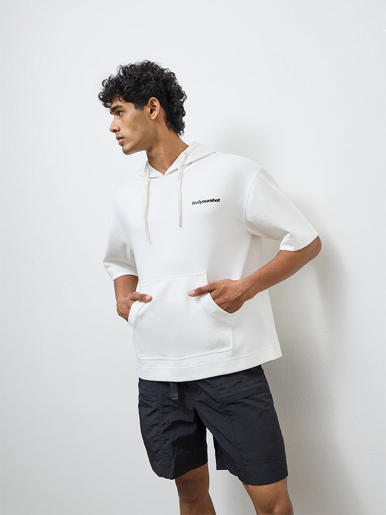 Nuoflexx White Typographic Relaxed-Fit Hooded Sweatshirt