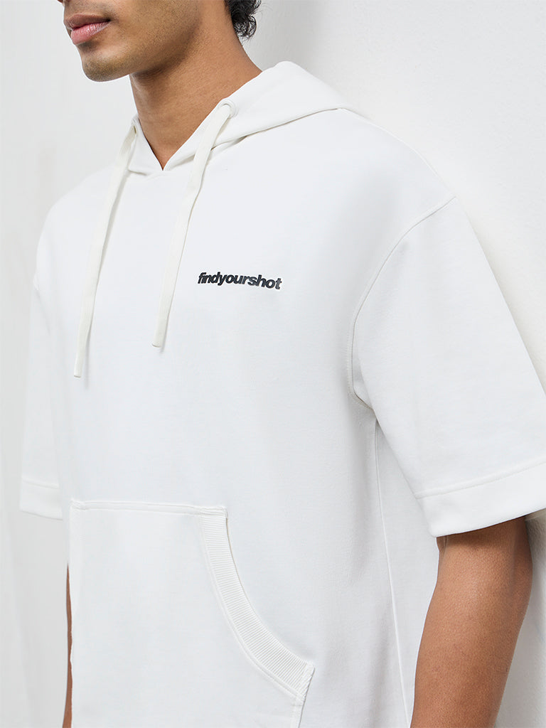 Nuoflexx White Typographic Relaxed-Fit Hooded Sweatshirt