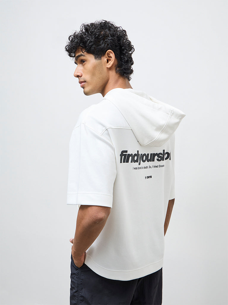 Nuoflexx White Typographic Relaxed-Fit Hooded Sweatshirt