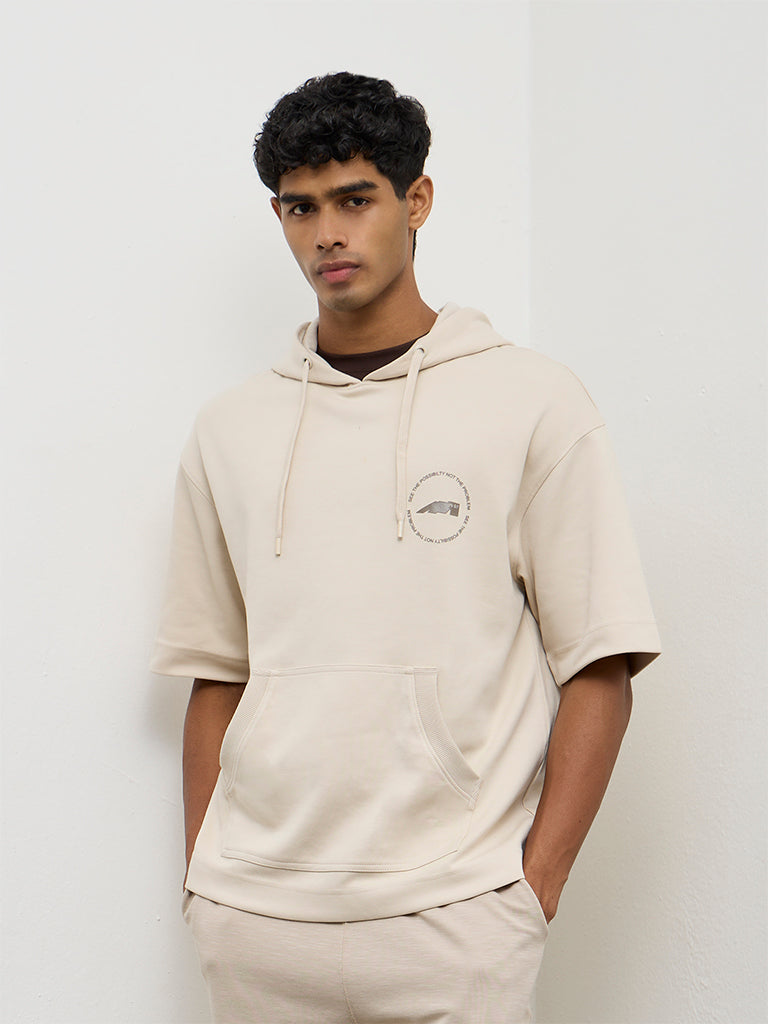 Nuoflexx Light Beige Printed Relaxed-Fit Cotton-Blend Hoodie