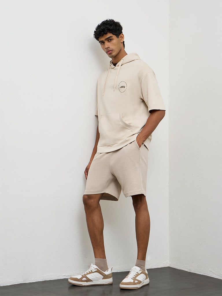 Nuoflexx Light Beige Printed Relaxed-Fit Cotton-Blend Hoodie