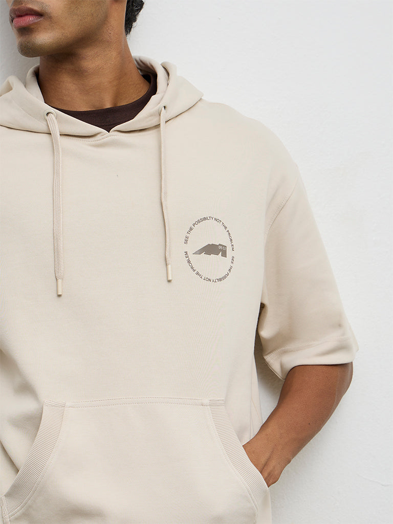 Nuoflexx Light Beige Printed Relaxed-Fit Cotton-Blend Hoodie
