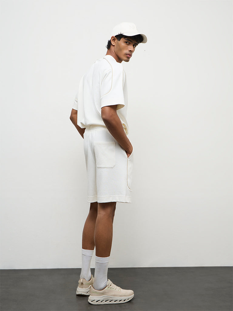 Nuoflexx Off-White Text-Detail Relaxed Fit Mid-Rise Cotton-Blend Shorts
