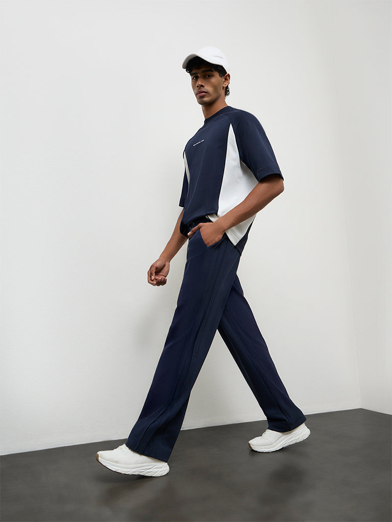Nuoflexx Navy Relaxed Fit Mid-Rise Cotton-Blend Track Pants