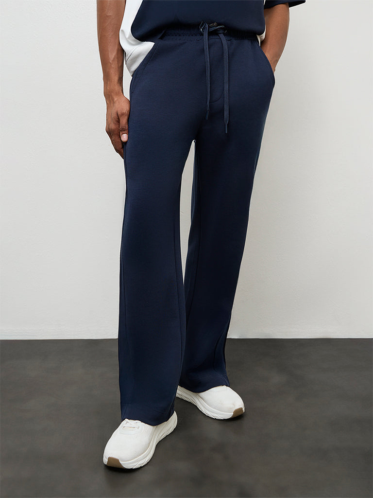 Nuoflexx Navy Relaxed Fit Mid-Rise Cotton-Blend Track Pants
