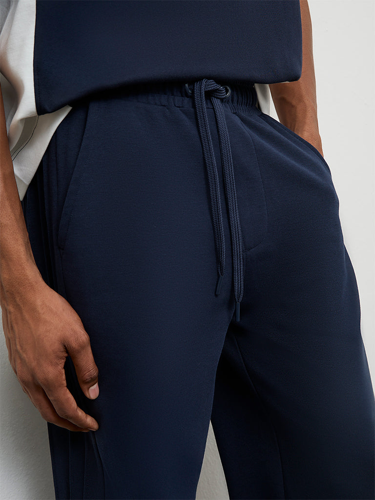 Nuoflexx Navy Relaxed Fit Mid-Rise Cotton-Blend Track Pants