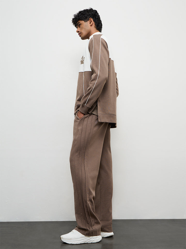 Nuoflexx Taupe Relaxed Fit Mid-Rise Cotton-Blend Track Pants