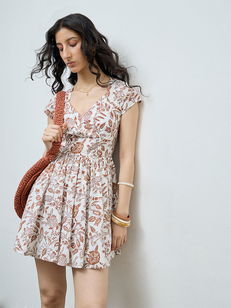 Bombay Paisley Off-White Foliage Printed Cotton A-Line Dress