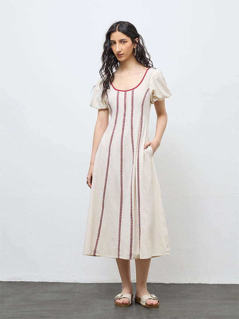 Bombay Paisley Off-White Striped Cotton-Blend A-Line Dress