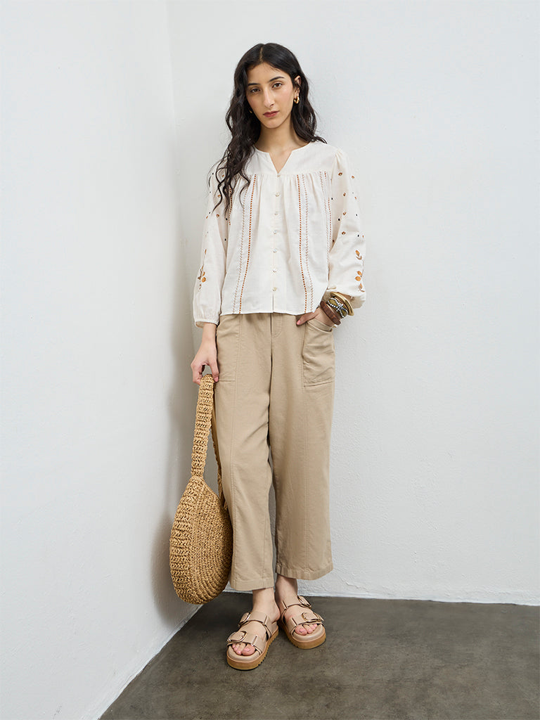 Bombay Paisley Off-White Floral Embroidered Cotton Top