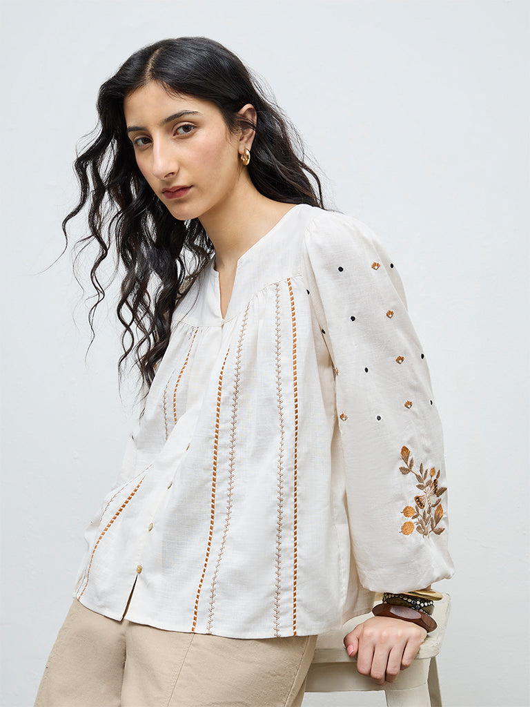 Bombay Paisley Off-White Floral Embroidered Cotton Top