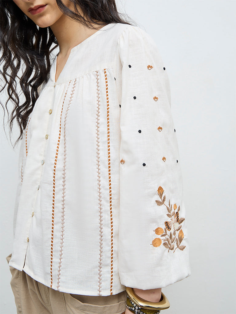 Bombay Paisley Off-White Floral Embroidered Cotton Top