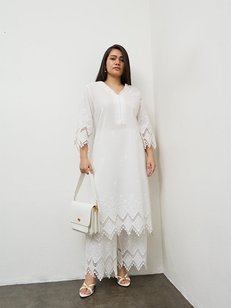 Diza White Embroidered A-Line Cotton Kurta