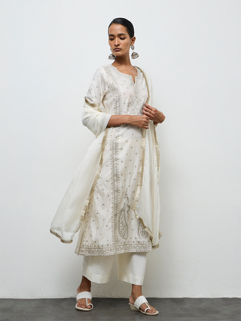 Vark Off-White Embroidered A-Line Ethnic Set