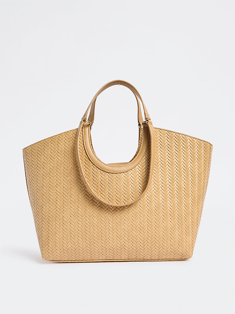 Westside Mustard Woven Textured Handbag with Pouch