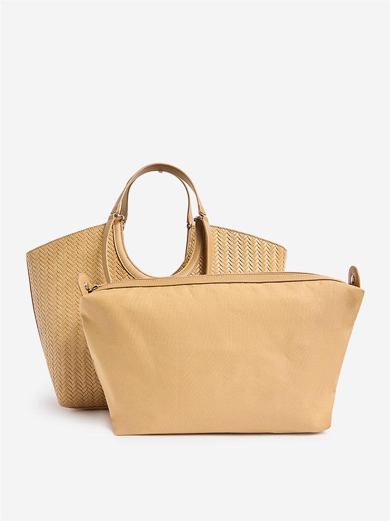 Westside Mustard Woven Textured Handbag with Pouch