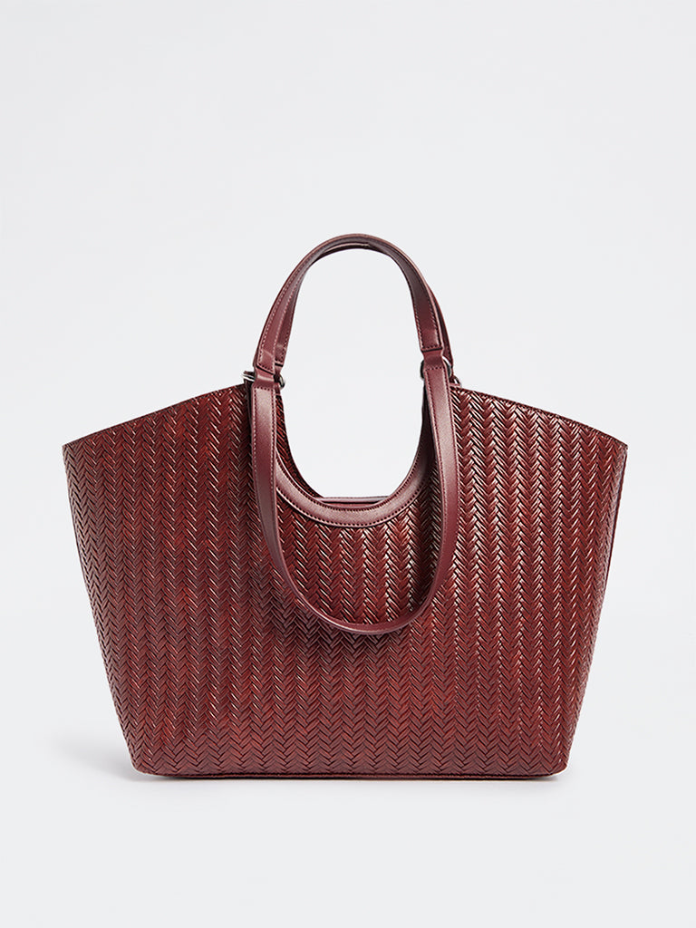 Westside Burgundy Woven Textured Handbag with Pouch