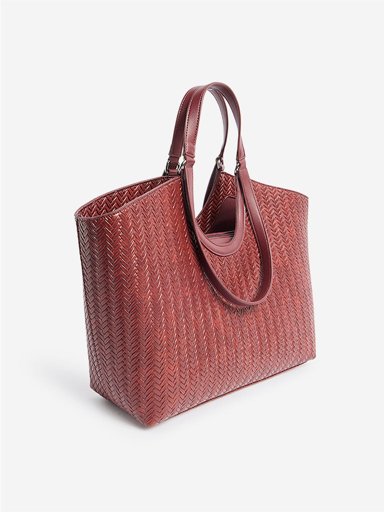Westside Burgundy Woven Textured Handbag with Pouch