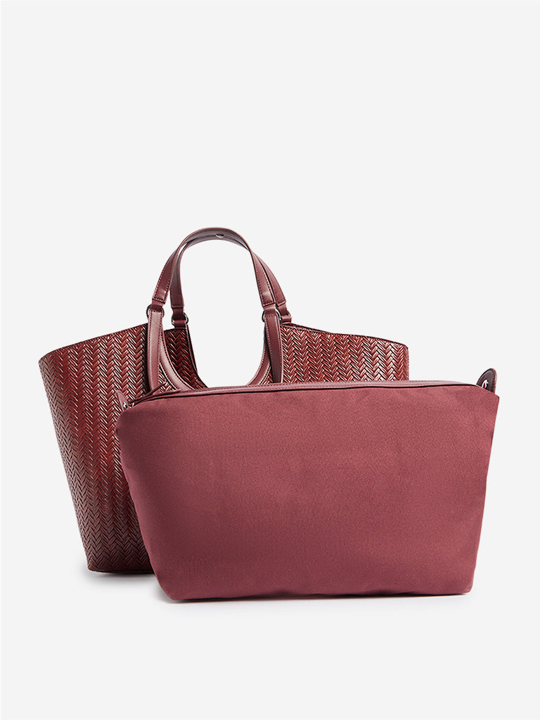 Westside Burgundy Woven Textured Handbag with Pouch