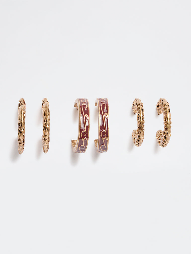 Westside Accessories Gold and Burgundy Textured Hoop Earrings - Pack of 3