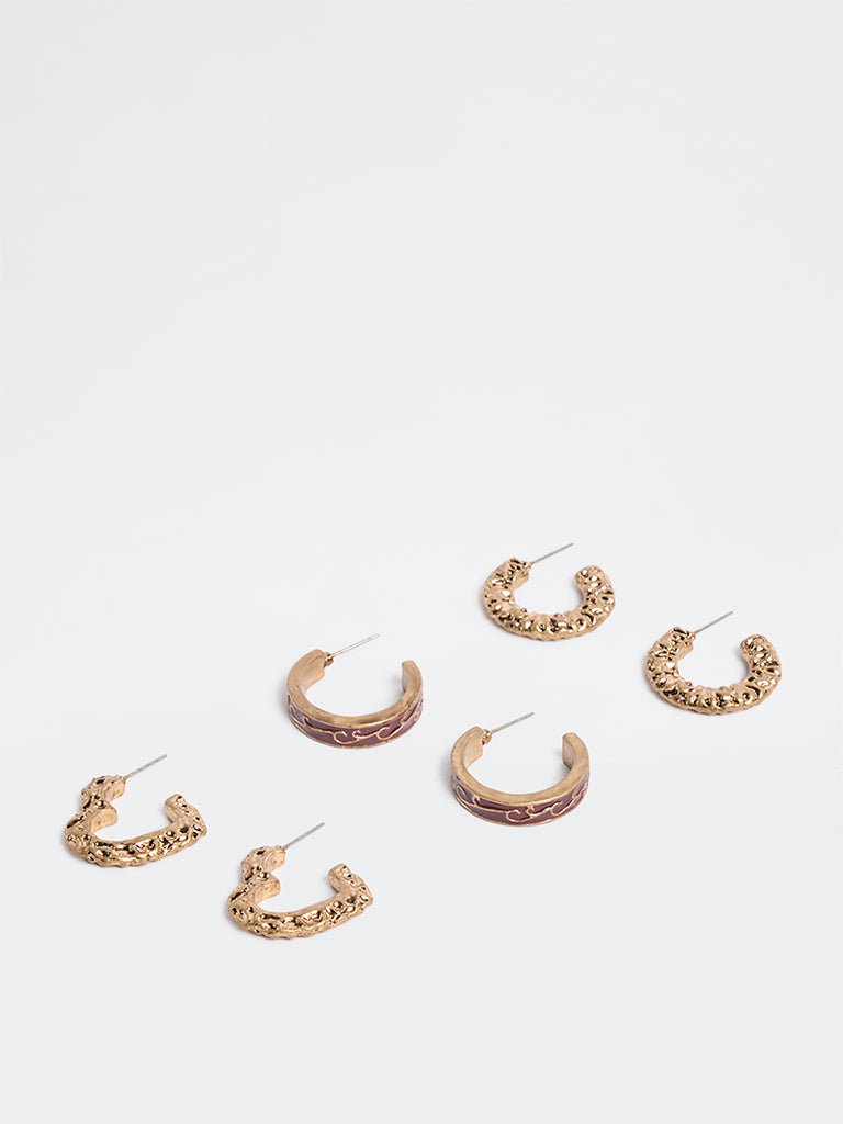Westside Accessories Gold and Burgundy Textured Hoop Earrings - Pack of 3