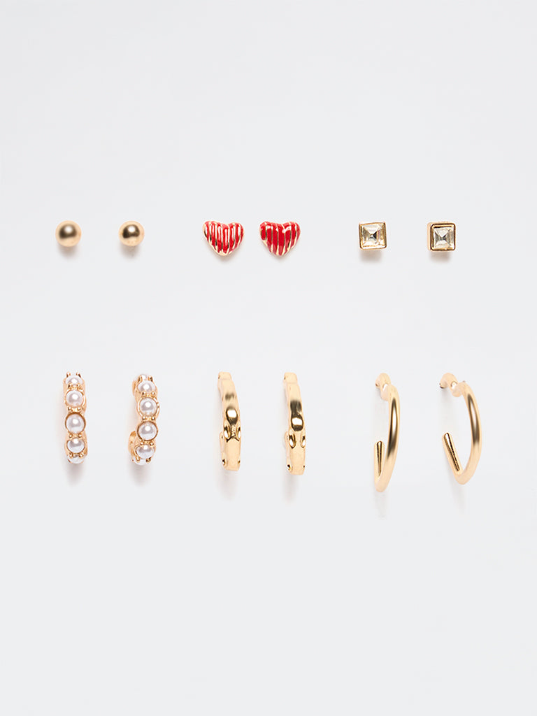Westside Accessories Gold and Red Mixed Stud and Hoop Earrings - Pack of 6
