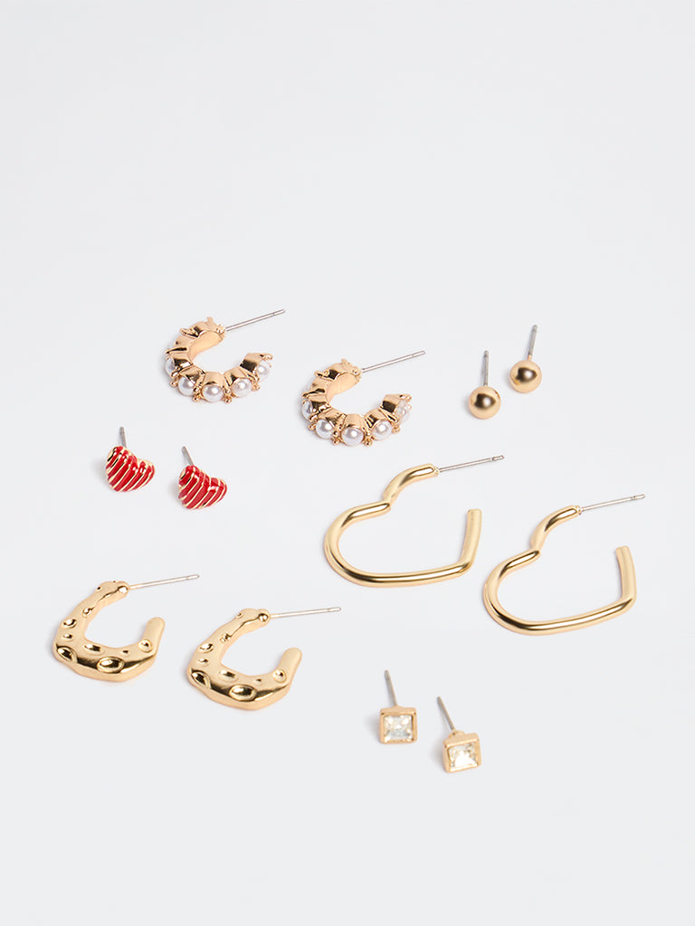 Westside Accessories Gold and Red Mixed Stud and Hoop Earrings - Pack of 6