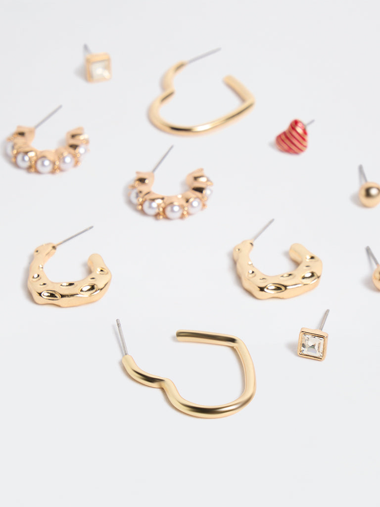 Westside Accessories Gold and Red Mixed Stud and Hoop Earrings - Pack of 6