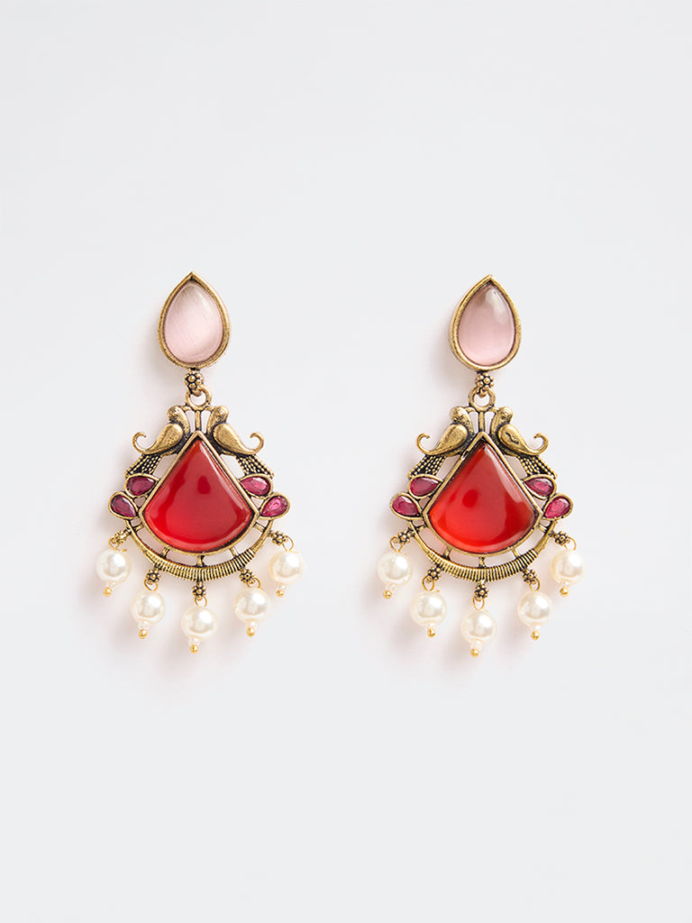 Westside Accessories Red Stone and Pearl Jhumki Earrings