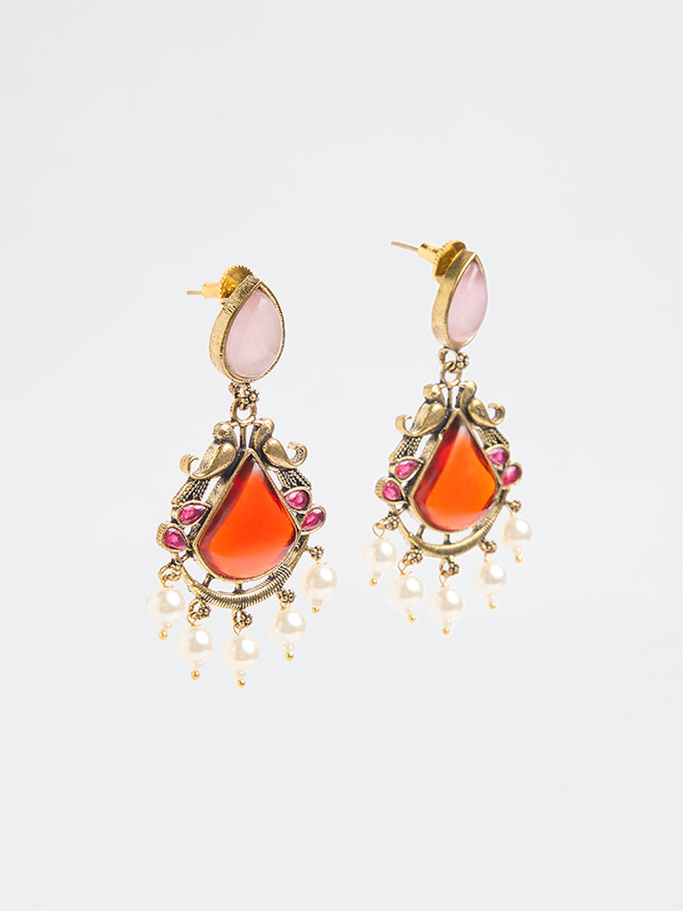 Westside Accessories Red Stone and Pearl Jhumki Earrings