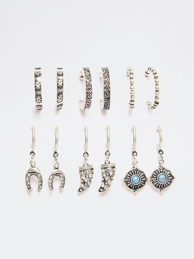 Westside Accessories Silver Oxidised Stud and Hoop Earrings - Pack of 6