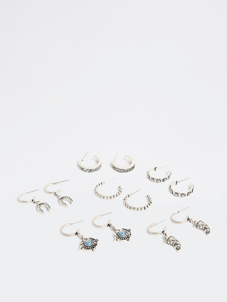 Westside Accessories Silver Oxidised Stud and Hoop Earrings - Pack of 6