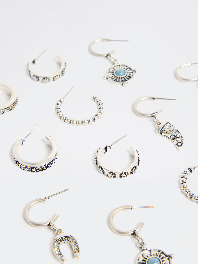 Westside Accessories Silver Oxidised Stud and Hoop Earrings - Pack of 6