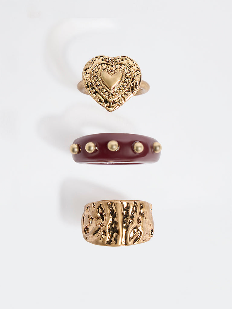 Westside Accessories Gold and Burgundy Statement Rings - Pack of 3