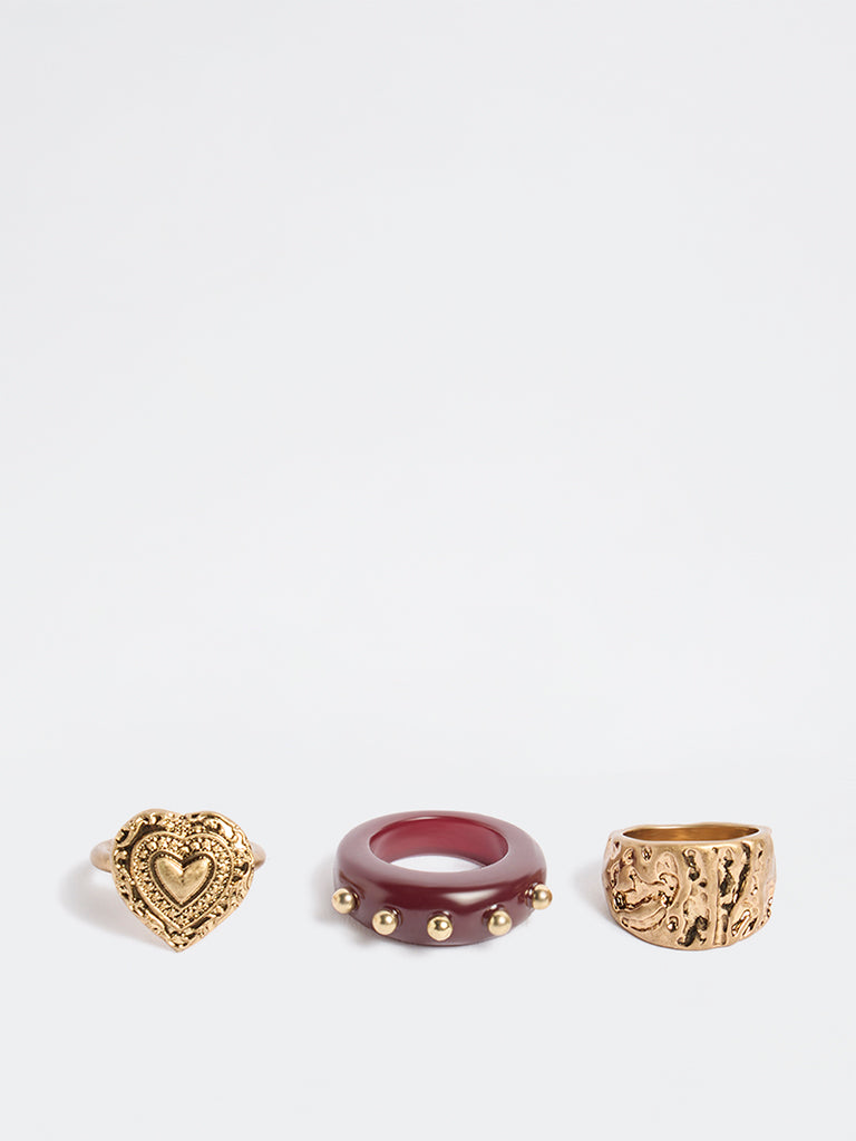 Westside Accessories Gold and Burgundy Statement Rings - Pack of 3