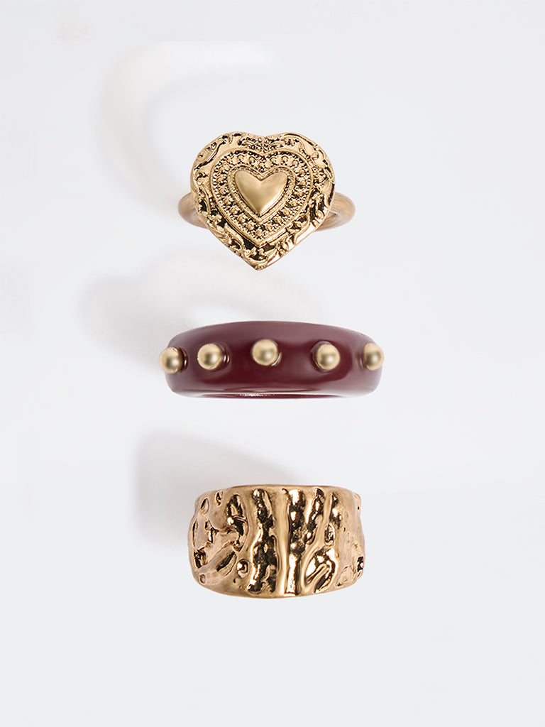 Westside Accessories Gold and Burgundy Statement Rings - Pack of 3