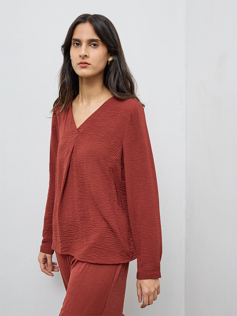 Wardrobe Dark Rust Crinkle-Texture Blouse