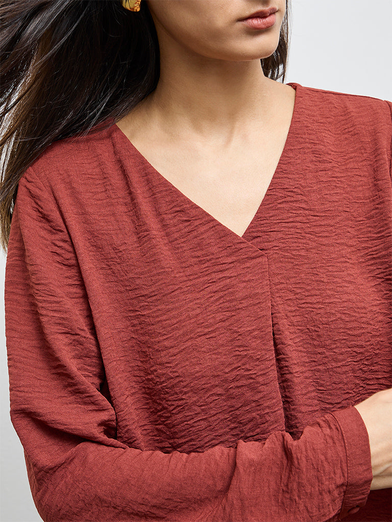 Wardrobe Dark Rust Crinkle-Texture Blouse