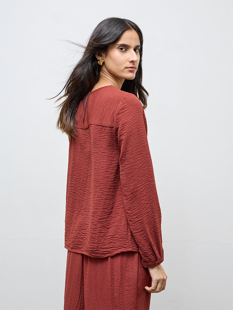 Wardrobe Dark Rust Crinkle-Texture Blouse