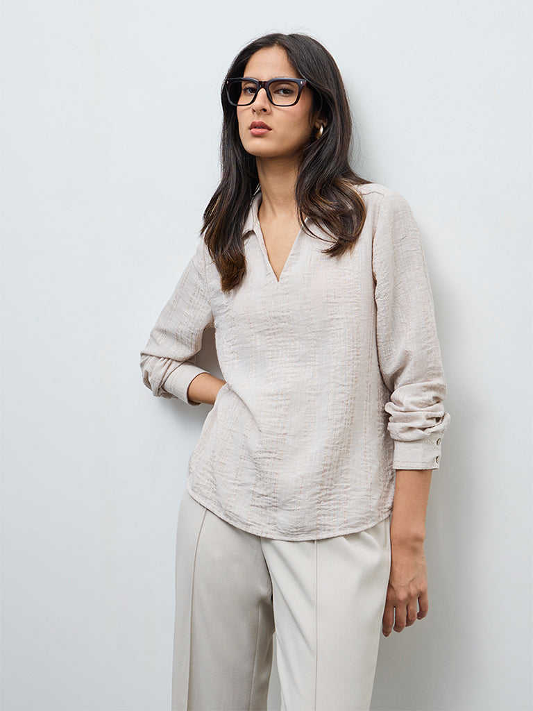 Wardrobe Beige Self-Striped Blouse