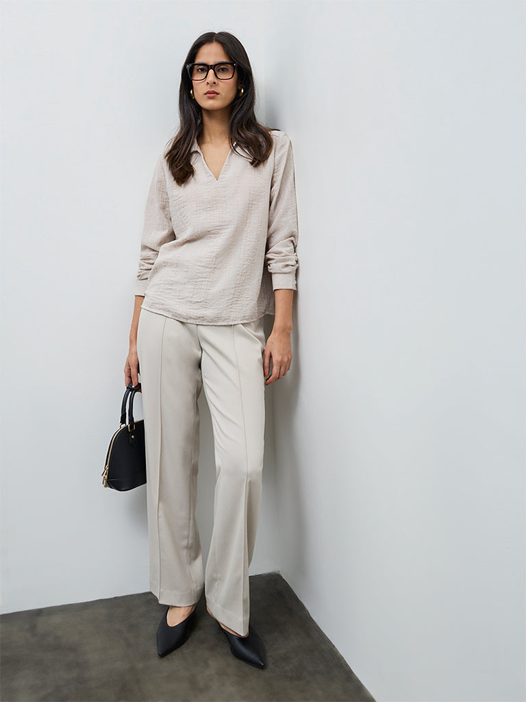 Wardrobe Beige Self-Striped Blouse