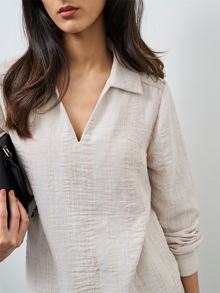Wardrobe Beige Self-Striped Blouse
