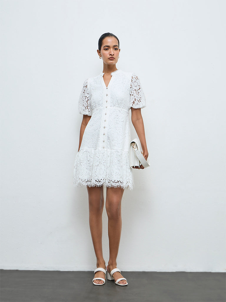Wardrobe White Floral Lace A-Line Dress