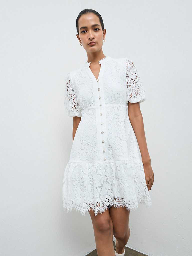 Buy Wardrobe White Floral Lace A-Line Dress from Westside
