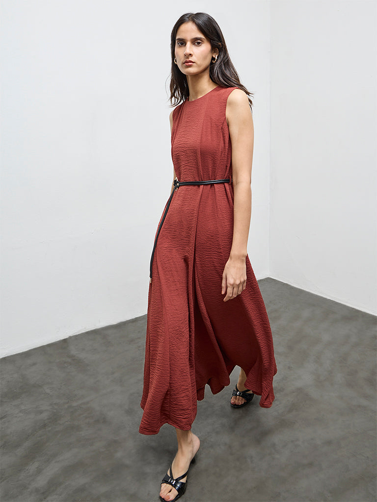 Buy Wardrobe Dark Rust Crinkle-Textured A-Line Dress with Belt from Westside Buy Wardrobe Dark Rust Crinkle-Textured A-Line Dress with Belt from Westside